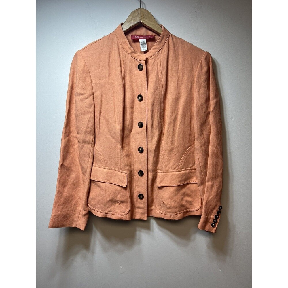 AK Anne Klein Women Peach Orange Jacket Blazer Size 12 Viscose Linen Look Beachy